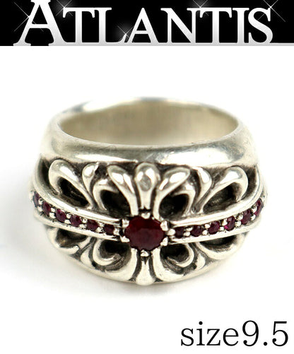 CHROME HEARTS Floral Cross Ruby Silver Ring Size ONE SIZE