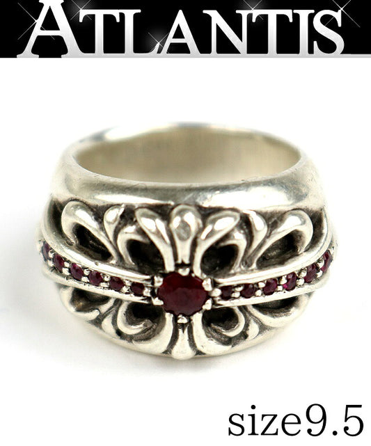 CHROME HEARTS Floral Cross Ruby Silver Ring Size US 5