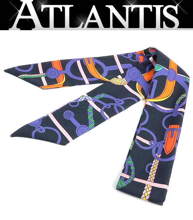 HERMES Twilly Panoplie Equestre Scarf Navy Size ONE SIZE
