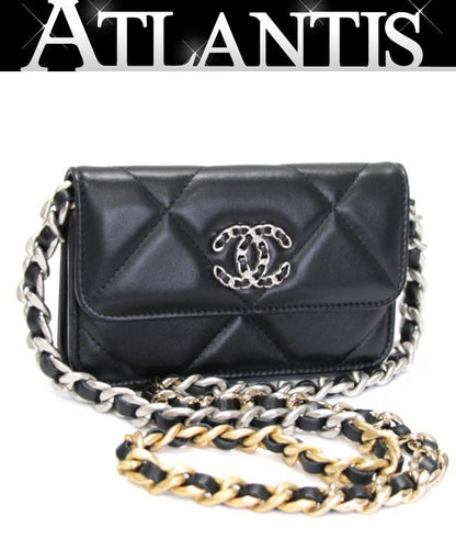 CHANEL 19 Mini Lambskin CC Chain Wallet Black Size ONE SIZE