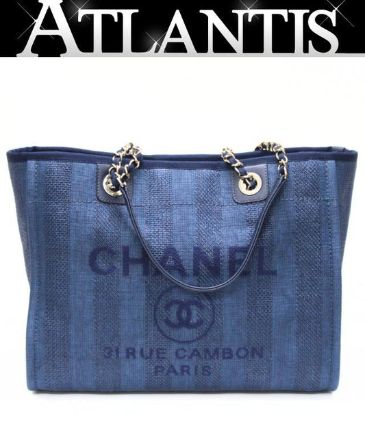 CHANEL Deauville Mixed Fiber Chain Bag Blue Size ONE SIZE
