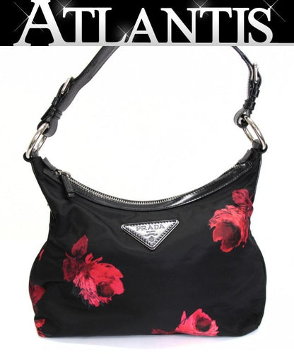 PRADA Nylon Floral Triangle Logo Black Red Shoulder Bag Size ONE SIZE