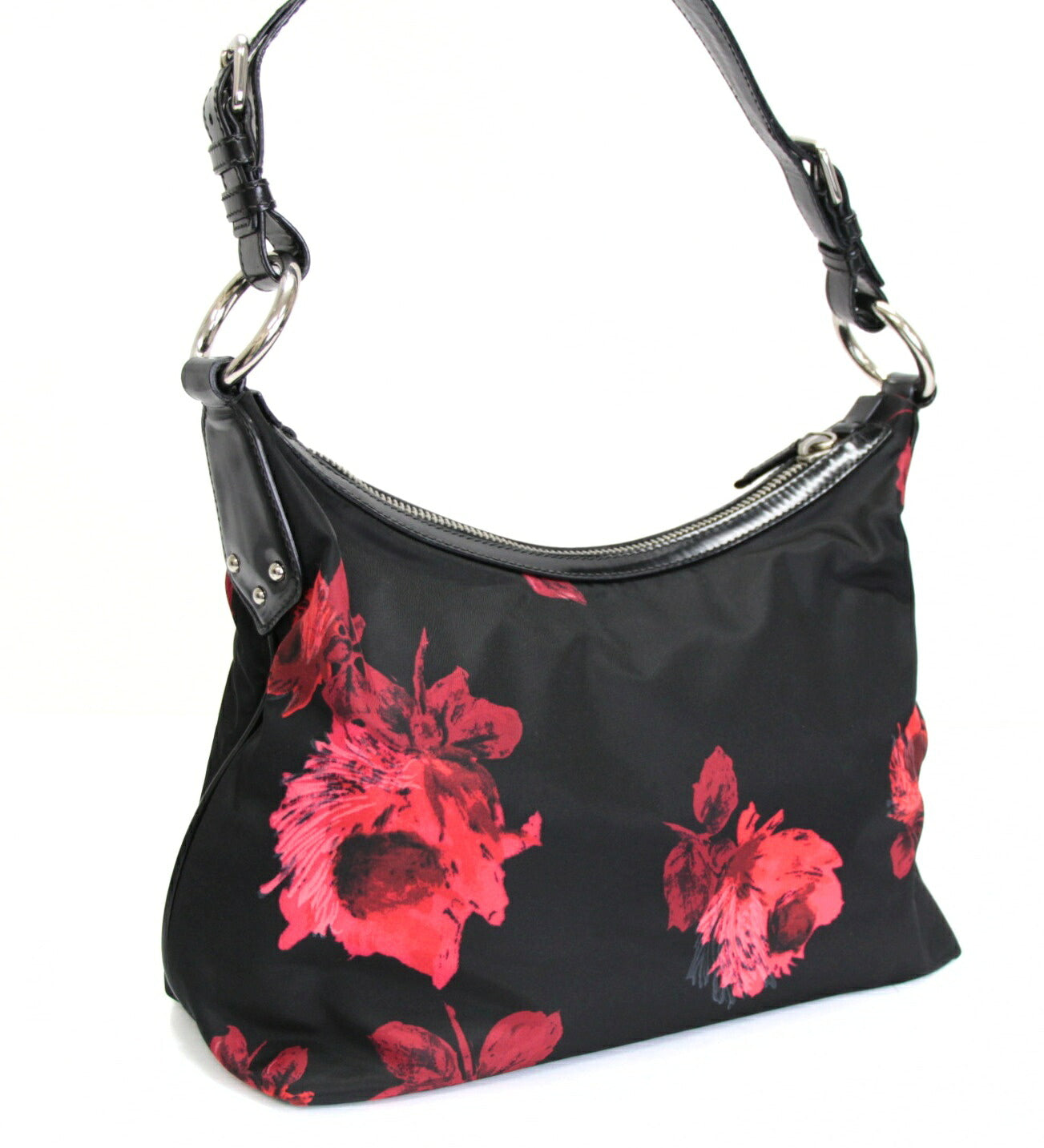 PRADA Nylon Floral Triangle Logo Black Red Shoulder Bag Size ONE SIZE