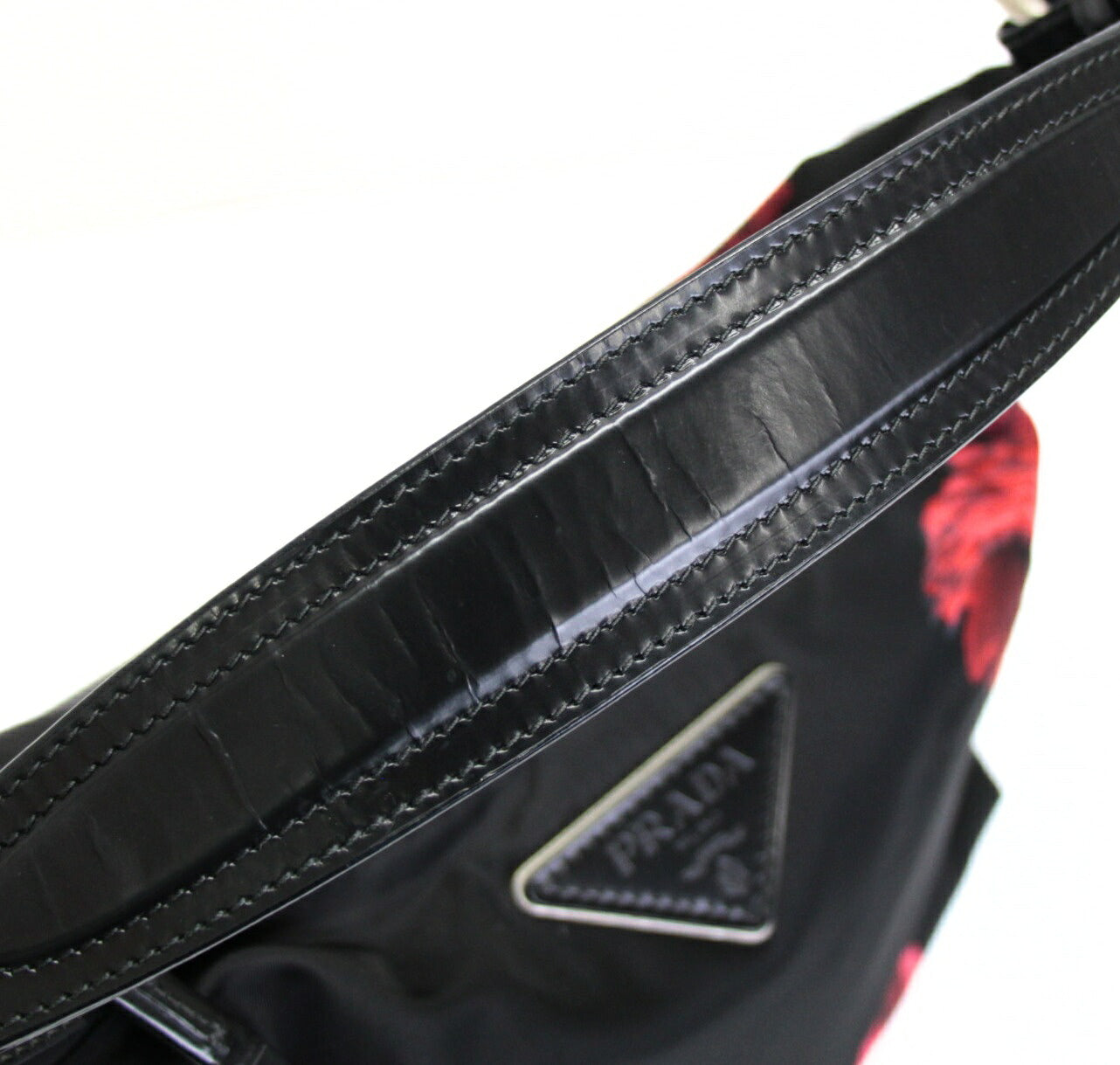 PRADA Nylon Floral Triangle Logo Black Red Shoulder Bag Size ONE SIZE