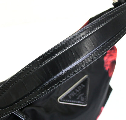 PRADA Nylon Floral Triangle Logo Black Red Shoulder Bag Size ONE SIZE