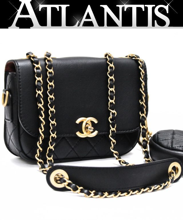 CHANEL Matelasse Leather Chain Bag Black Size ONE SIZE