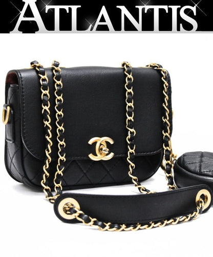 CHANEL Matelasse Leather Chain Bag Black Size ONE SIZE