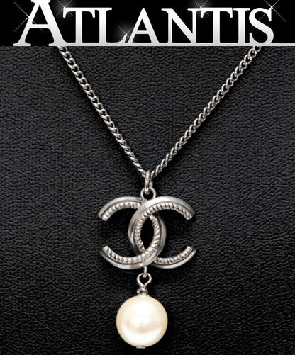 CHANEL Coco Mark Faux Pearl Necklace Silver Size ONE SIZE