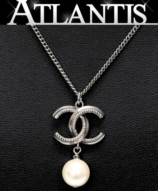 CHANEL Coco Mark Faux Pearl Necklace Silver Size ONE SIZE
