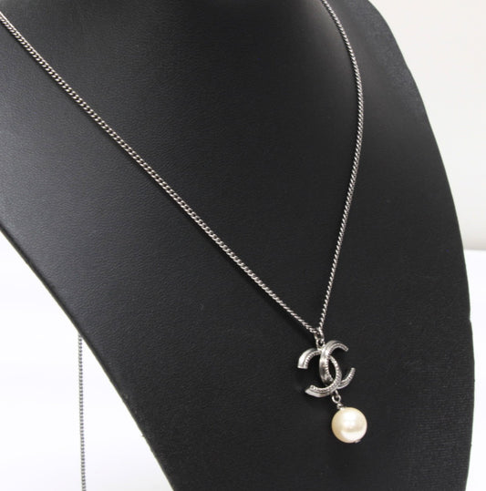 CHANEL Coco Mark Faux Pearl Necklace Silver Size ONE SIZE