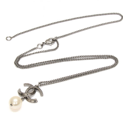 CHANEL Coco Mark Faux Pearl Necklace Silver Size ONE SIZE