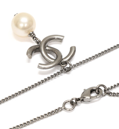 CHANEL Coco Mark Faux Pearl Necklace Silver Size ONE SIZE