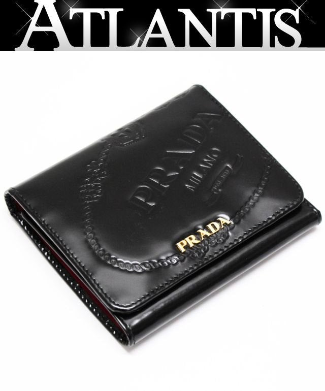 PRADA Compact Glossy Calf Leather Wallet Black Size ONE SIZE