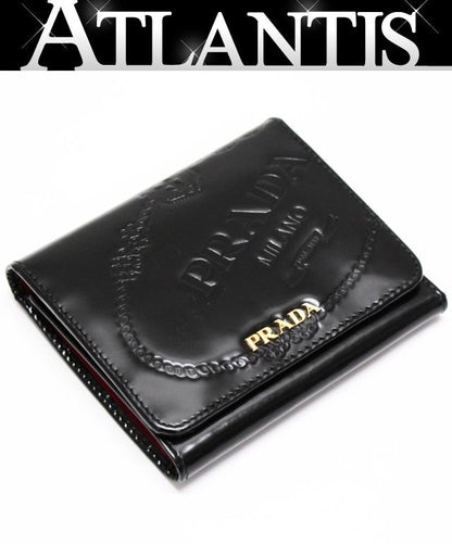 PRADA Compact Glossy Calf Leather Wallet Black Size ONE SIZE