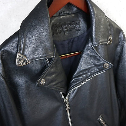 CHROME HEARTS Basic Moto Leather Riders Jacket Black Size M