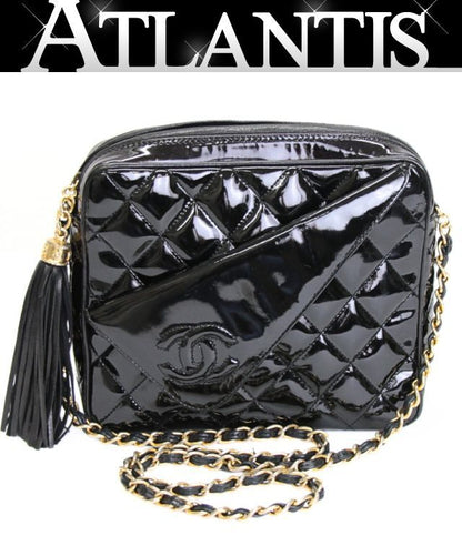 CHANEL Matelasse Fringe Patent Bag Black Size ONE SIZE