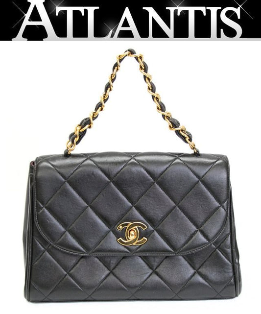 CHANEL Matelasse Lambskin Chain Handbag Black Size ONE SIZE