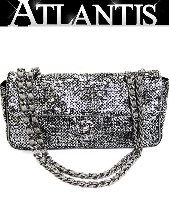 CHANEL East West Sequin Silver HW Chain Shoulder Bag Black
