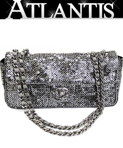 CHANEL East West Sequin Silver HW Chain Shoulder Bag Black
