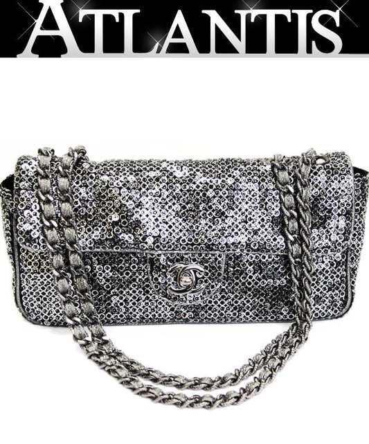CHANEL East West Sequin Silver HW Chain Shoulder Bag Black