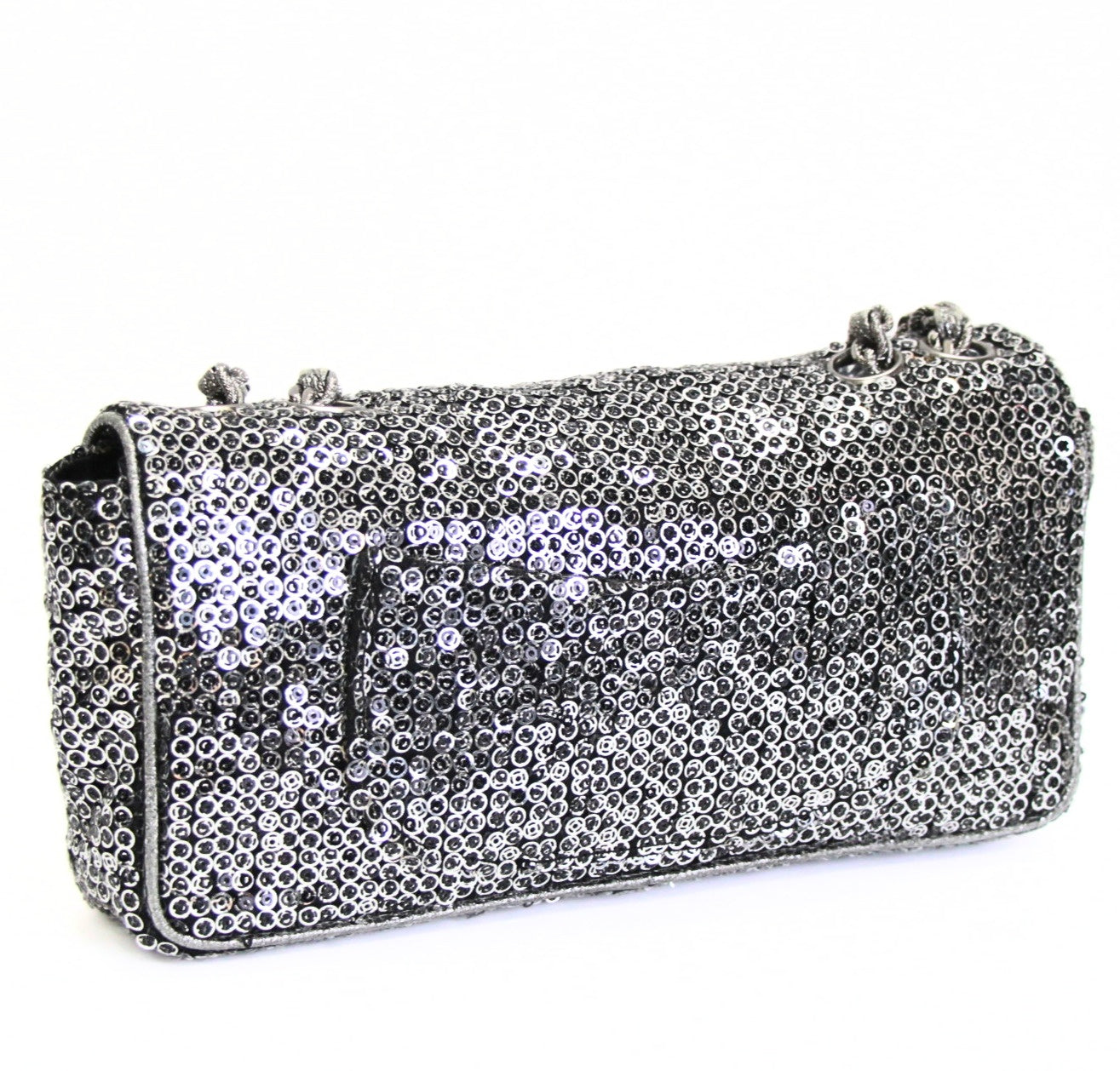 CHANEL East West Sequin Silver HW Chain Shoulder Bag Black