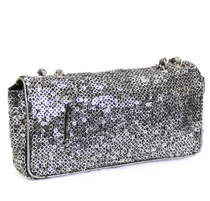 CHANEL East West Sequin Silver HW Chain Shoulder Bag Black