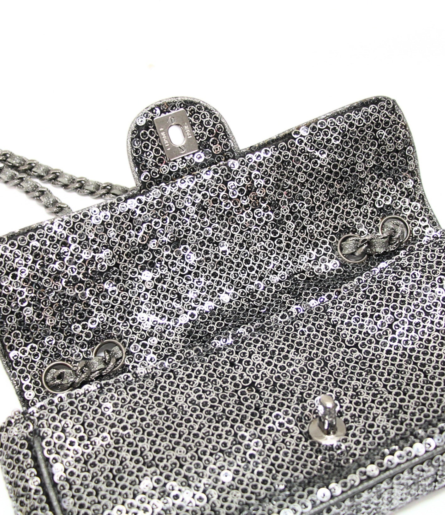 CHANEL East West Sequin Silver HW Chain Shoulder Bag Black
