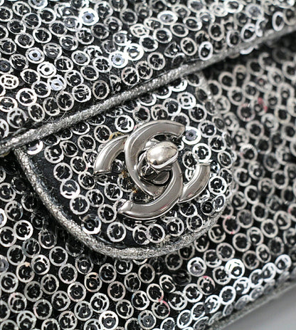 CHANEL East West Sequin Silver HW Chain Shoulder Bag Black
