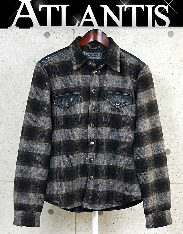 CHROME HEARTS CPO Check Shirt Wool Leather Grey Size S