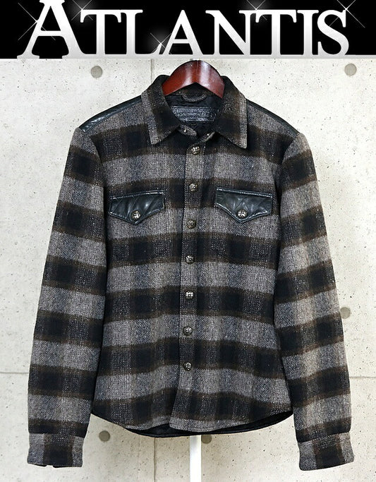 CHROME HEARTS CPO Check Shirt Wool Leather Grey Size S