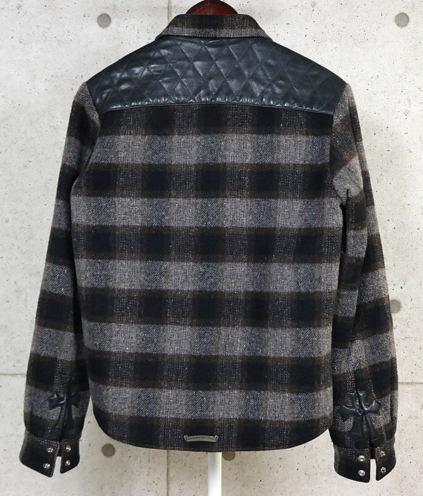 CHROME HEARTS CPO Check Shirt Wool Leather Grey Size S