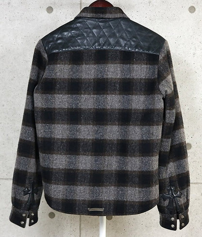CHROME HEARTS CPO Check Shirt Wool Leather Grey Size S