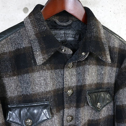 CHROME HEARTS CPO Check Shirt Wool Leather Grey Size S