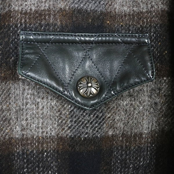 CHROME HEARTS CPO Check Shirt Wool Leather Grey Size S