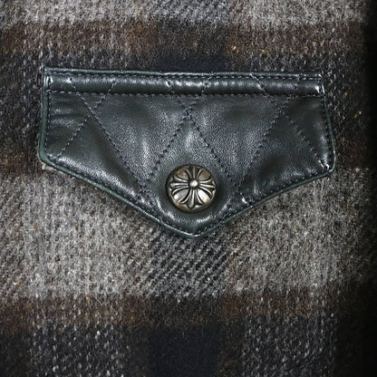 CHROME HEARTS CPO Check Shirt Wool Leather Grey Size S