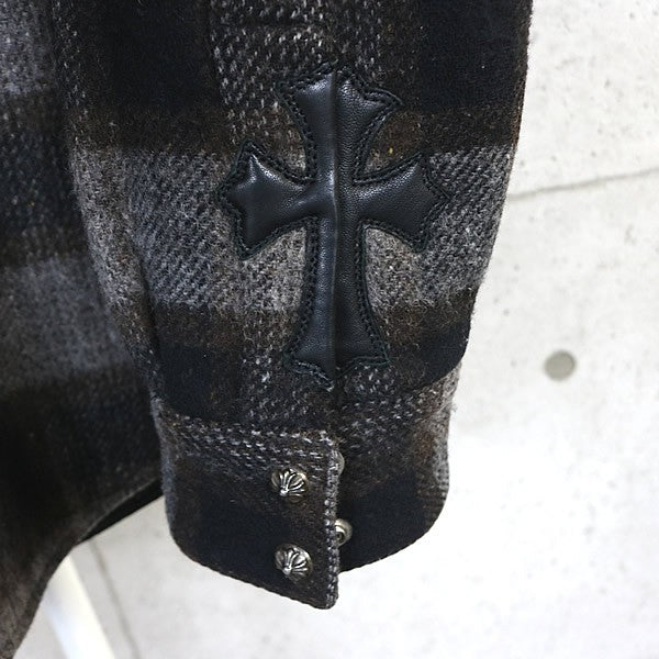 CHROME HEARTS CPO Check Shirt Wool Leather Grey Size S