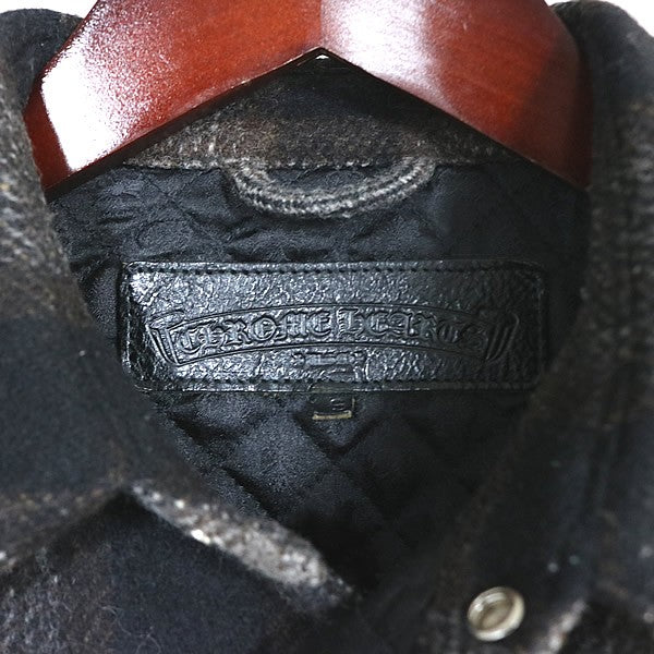 CHROME HEARTS CPO Check Shirt Wool Leather Grey Size S