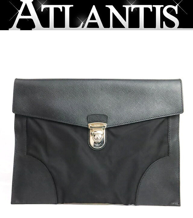 PRADA Black Nylon Saffiano Leather Clutch Bag Size ONE SIZE