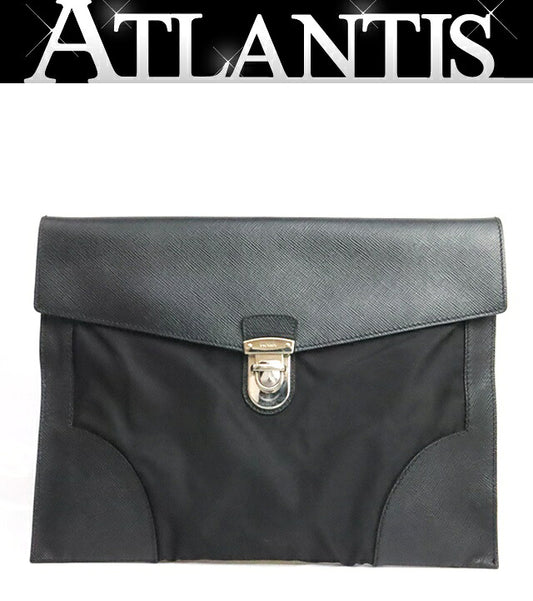 PRADA Black Nylon Saffiano Leather Clutch Bag Size ONE SIZE
