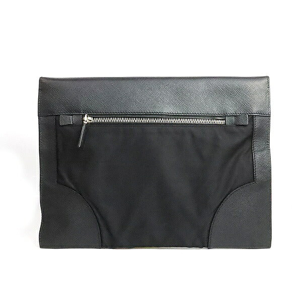 PRADA Black Nylon Saffiano Leather Clutch Bag Size ONE SIZE
