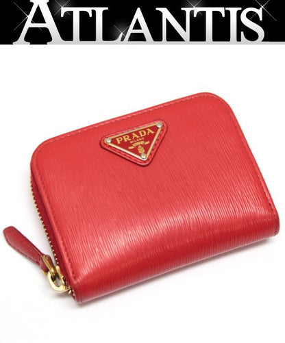 PRADA Triangle Logo Leather Coin Card Case Red Size ONE SIZE