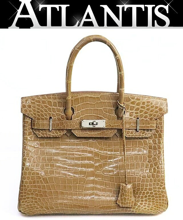 HERMES Birkin 30 Crocodile Porosus Handbag Beige Rose Polo