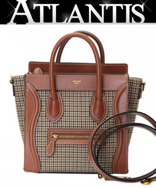 CELINE Nano Shopper Houndstooth Bag Brown Size ONE SIZE