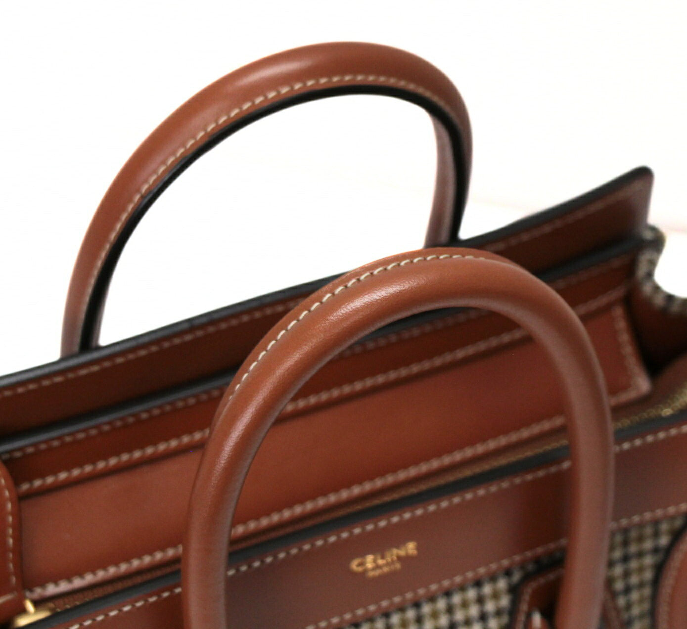 CELINE Nano Shopper Houndstooth Bag Brown Size ONE SIZE