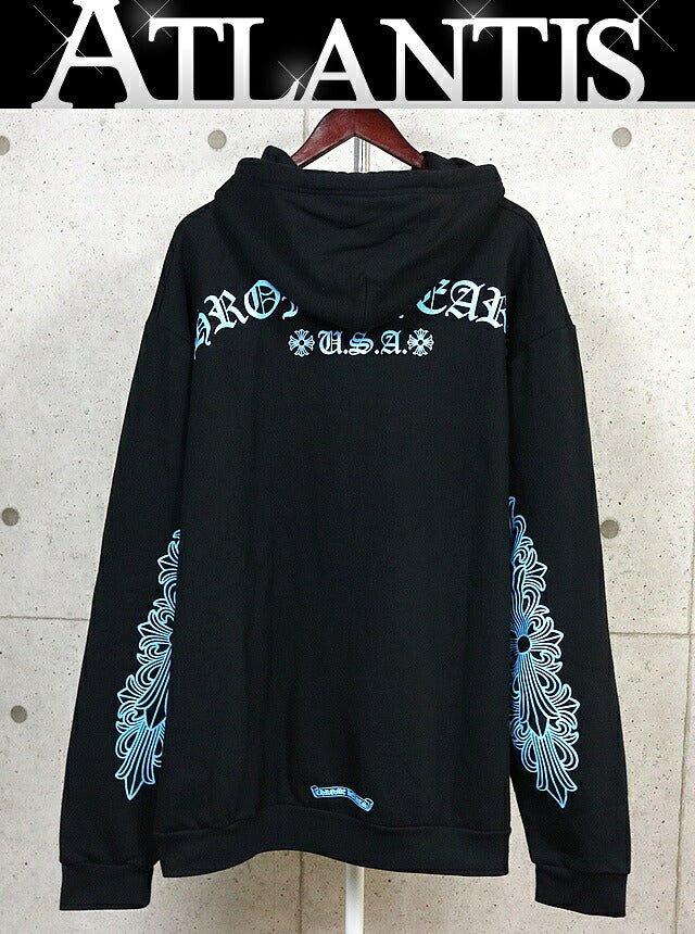 CHROME HEARTS Blue Glitter Floral Cross Hoodie Size XXL