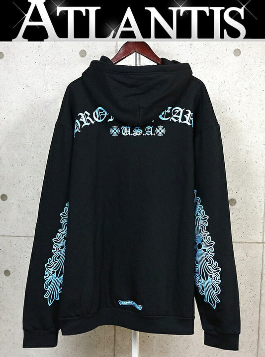 CHROME HEARTS Blue Glitter Floral Cross Hoodie Size XXL