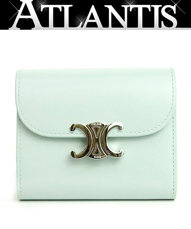 CELINE Triomphe Calf Leather Light Blue Wallet Size ONE SIZE