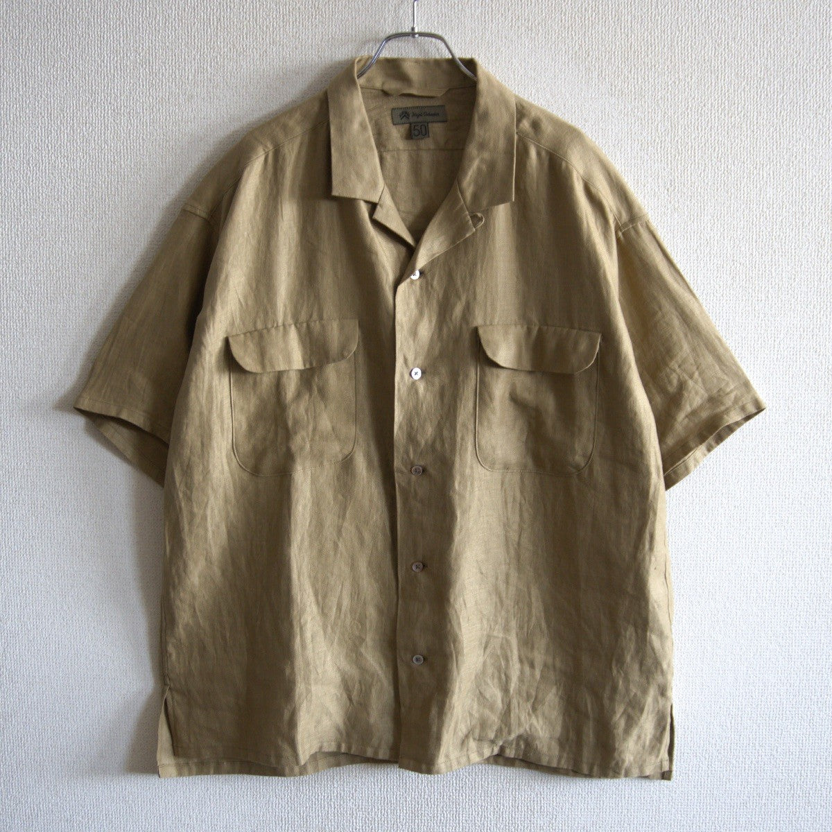 NIGEL CABOURN Khaki Linen Twill Open Collar Shirt Size L