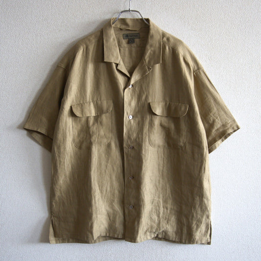 NIGEL CABOURN Khaki Linen Twill Open Collar Shirt Size L