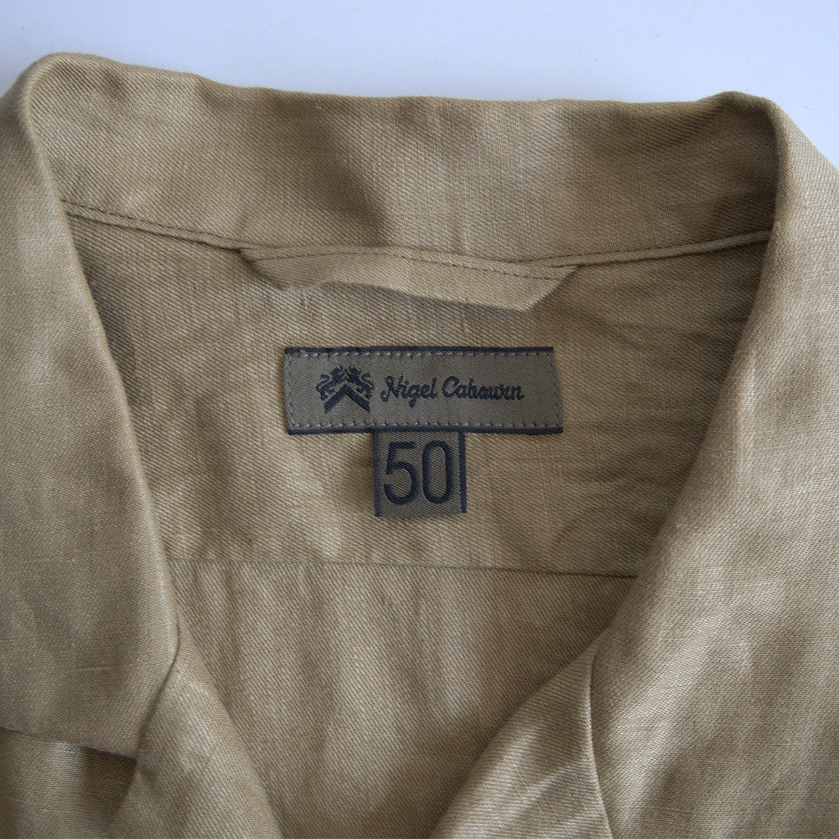 NIGEL CABOURN Khaki Linen Twill Open Collar Shirt Size L